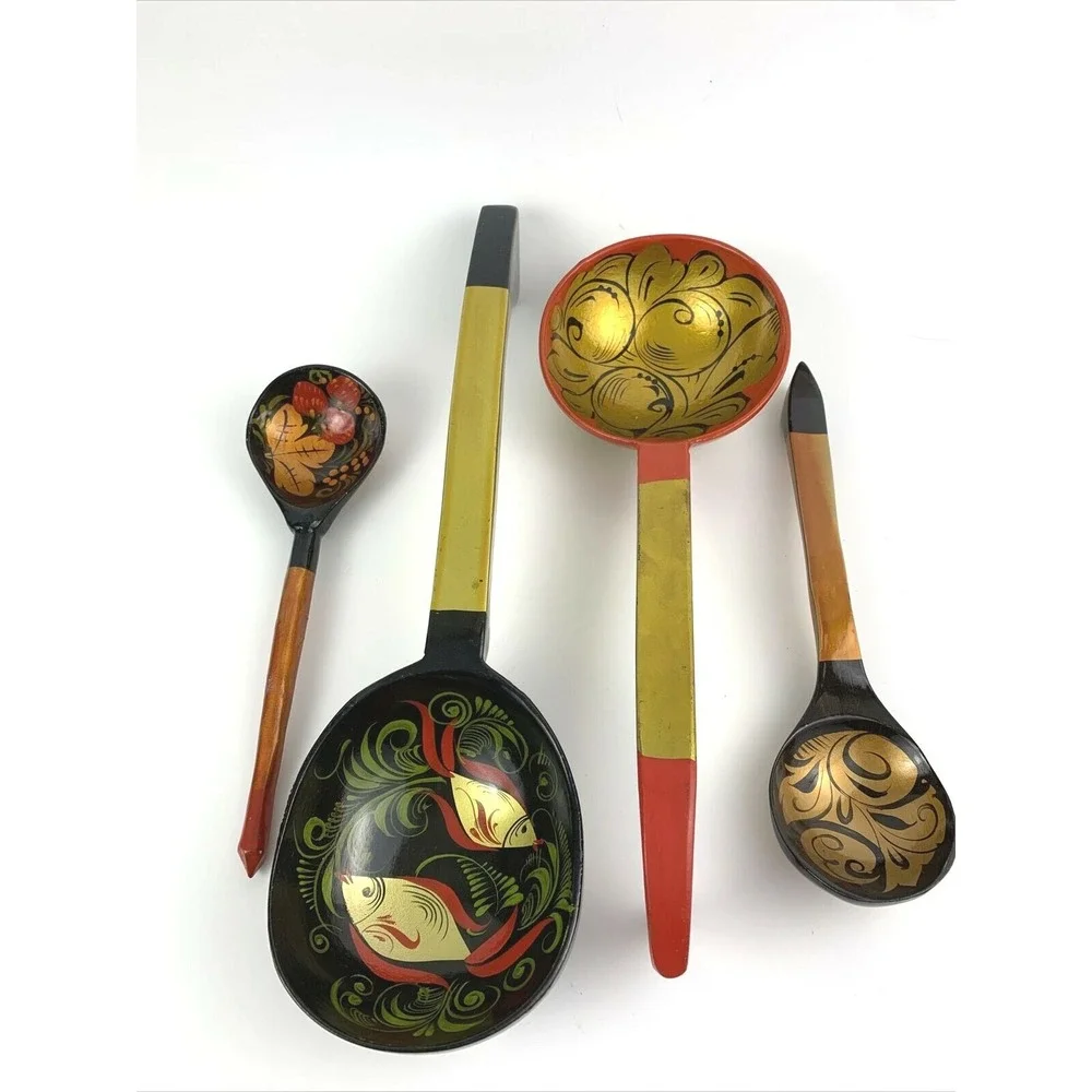 Set of 4 Vintage Khokhloma Painted Wooden Spoons Ladles Decorative Kitchenware